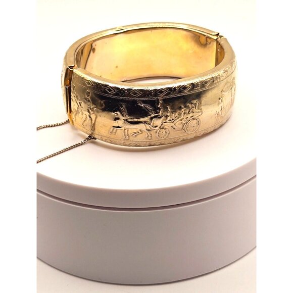 Vintage Hinged Chunky Gold Bracelet wChain 1940s Marked Japan Engraved Victorian - Picture 5 of 9